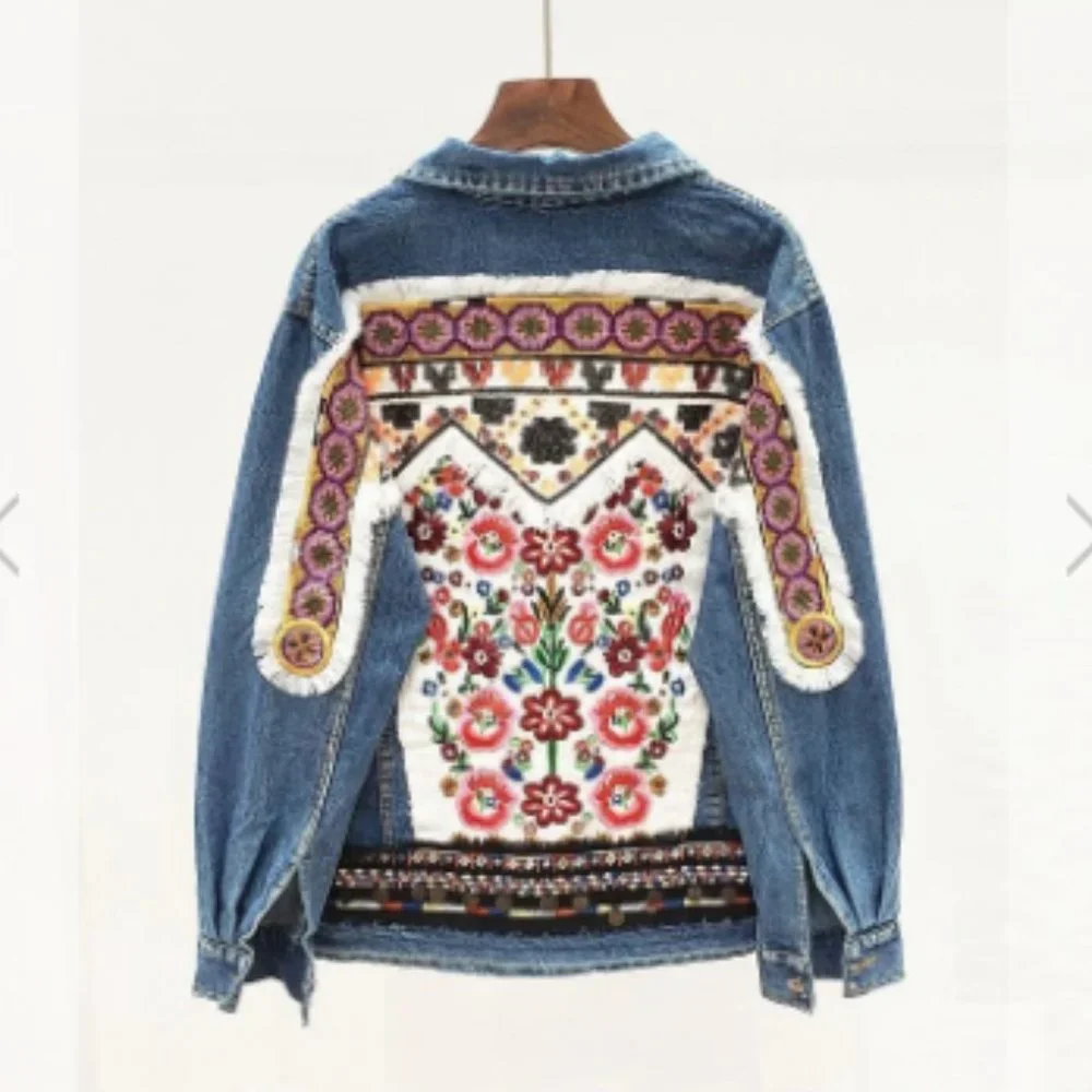 Boho Denim Blue Floral Embroidered Jean Jacket - Picture 8 of 11